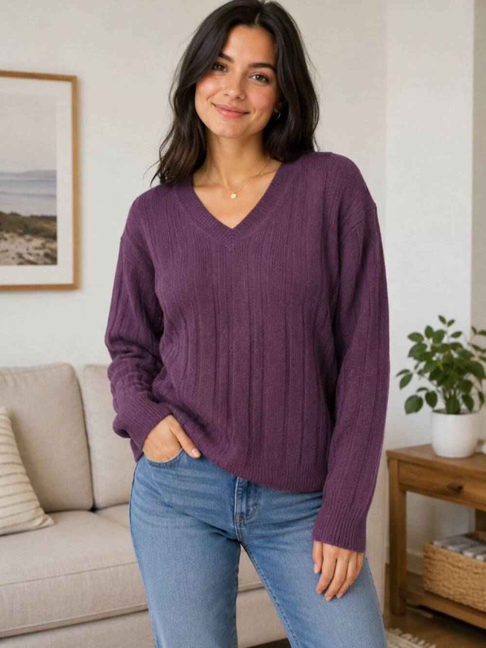 Spunky Women’s Long Sleeve V-Neck Sweater Purple Size M